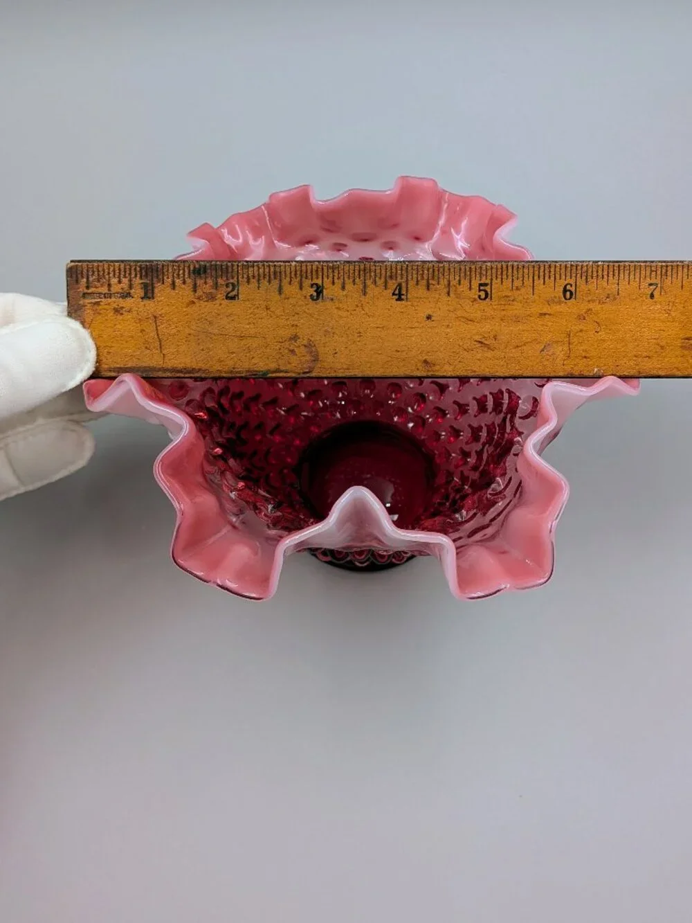 Vintage Fenton Cranberry Opalescent Hobnail Ruffled Bowl  - Midcentury Art Glass